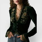 Nora | Long Sleeve Velvet Blouse with Embroidered Flowers