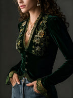 Nora | Long Sleeve Velvet Blouse with Embroidered Flowers