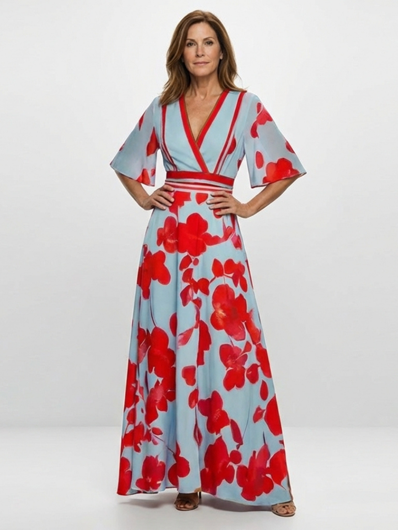 Corinne | V-Neck Short Sleeve Floral Maxi Dress