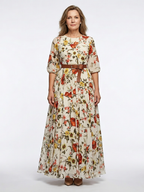 Odelia | Round Neck Three-Quarter Sleeve Belted Maxi Dress