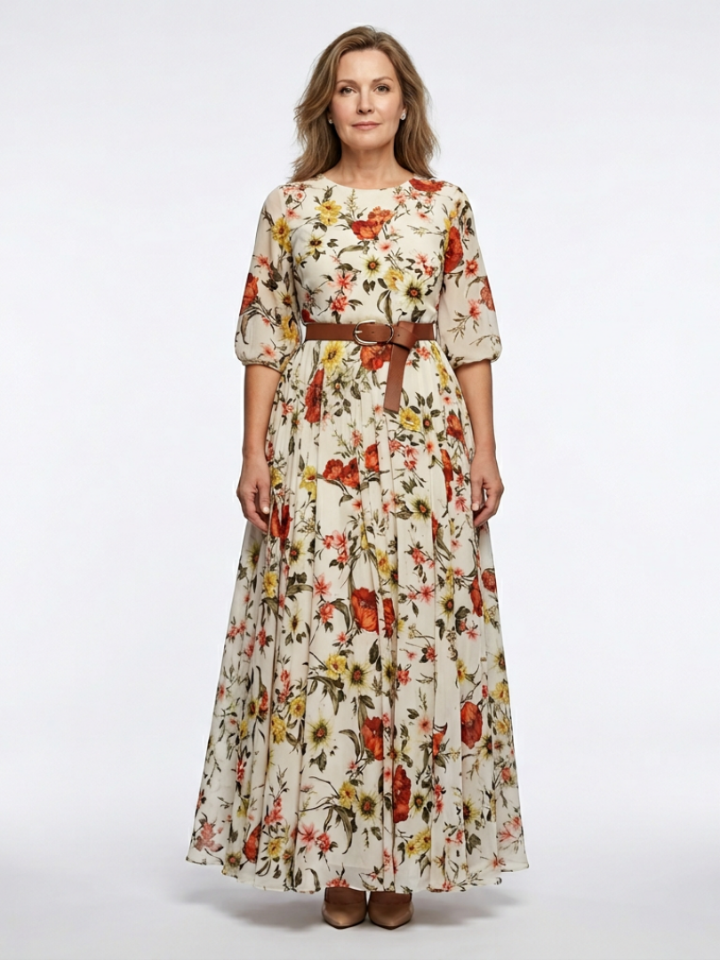 Odelia | Round Neck Three-Quarter Sleeve Belted Maxi Dress