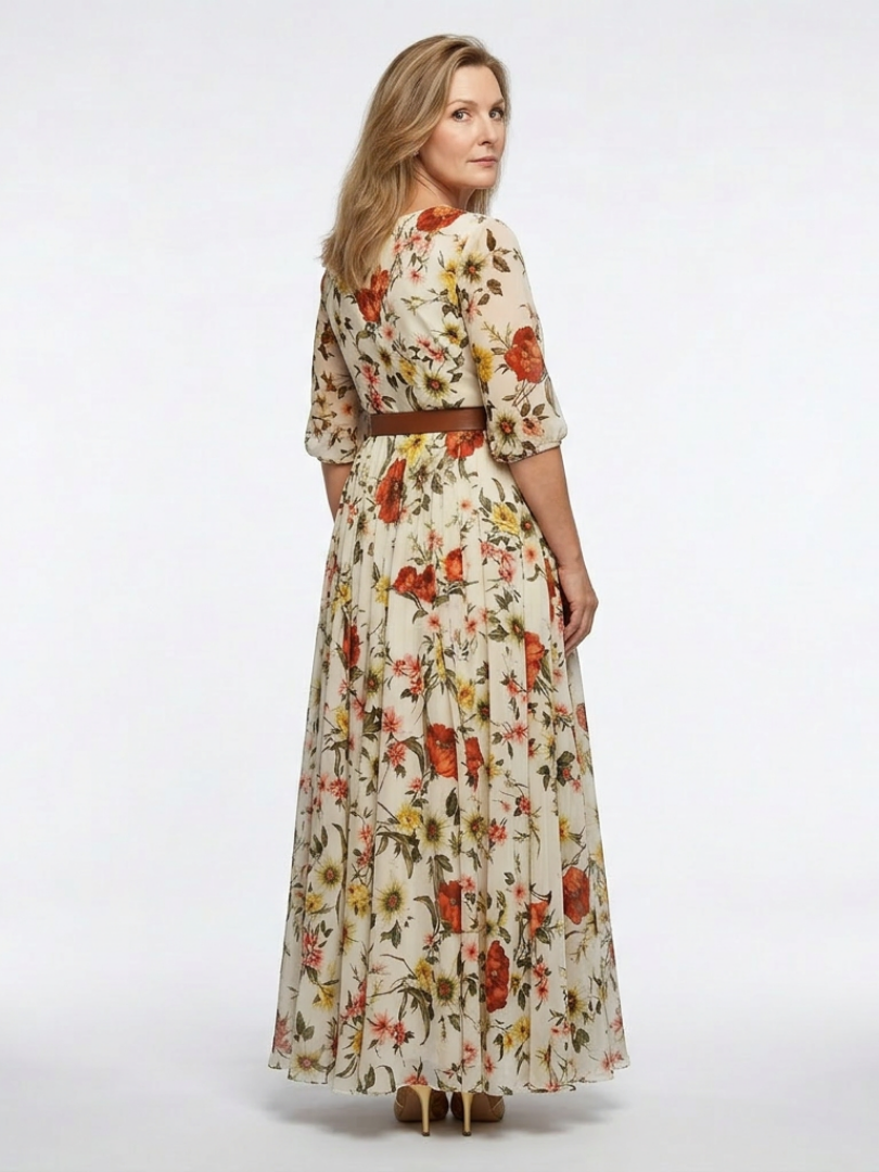 Odelia | Round Neck Three-Quarter Sleeve Belted Maxi Dress