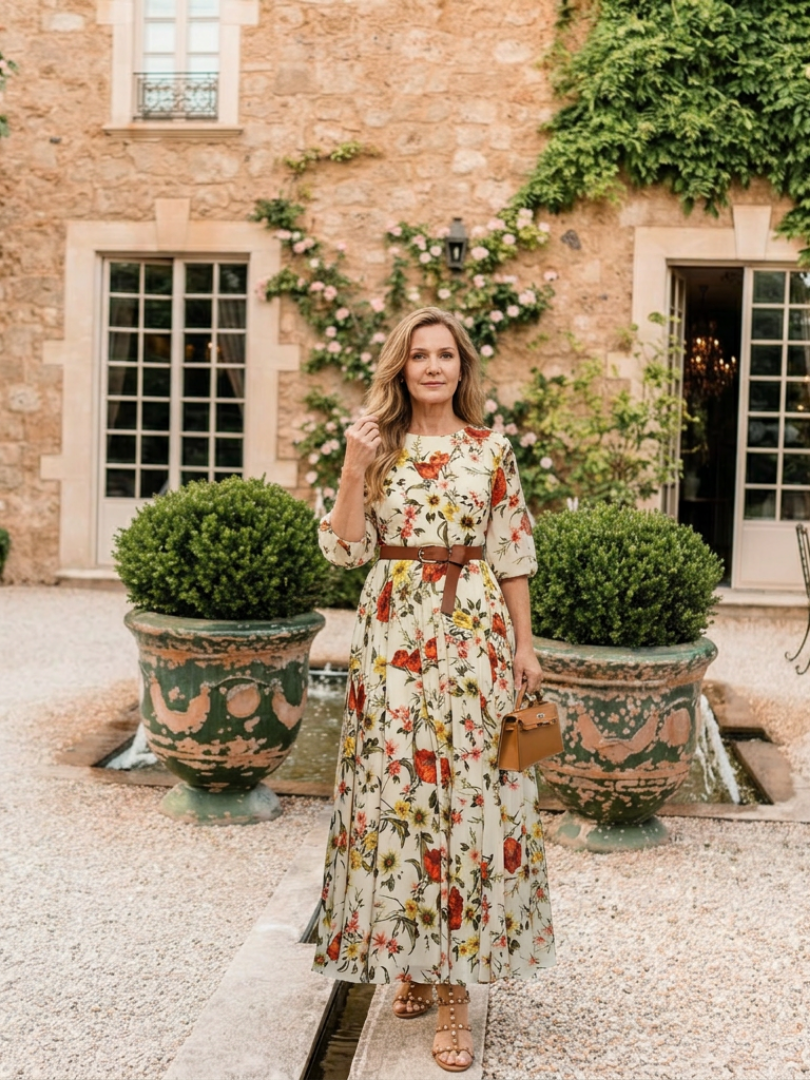 Odelia | Round Neck Three-Quarter Sleeve Belted Maxi Dress