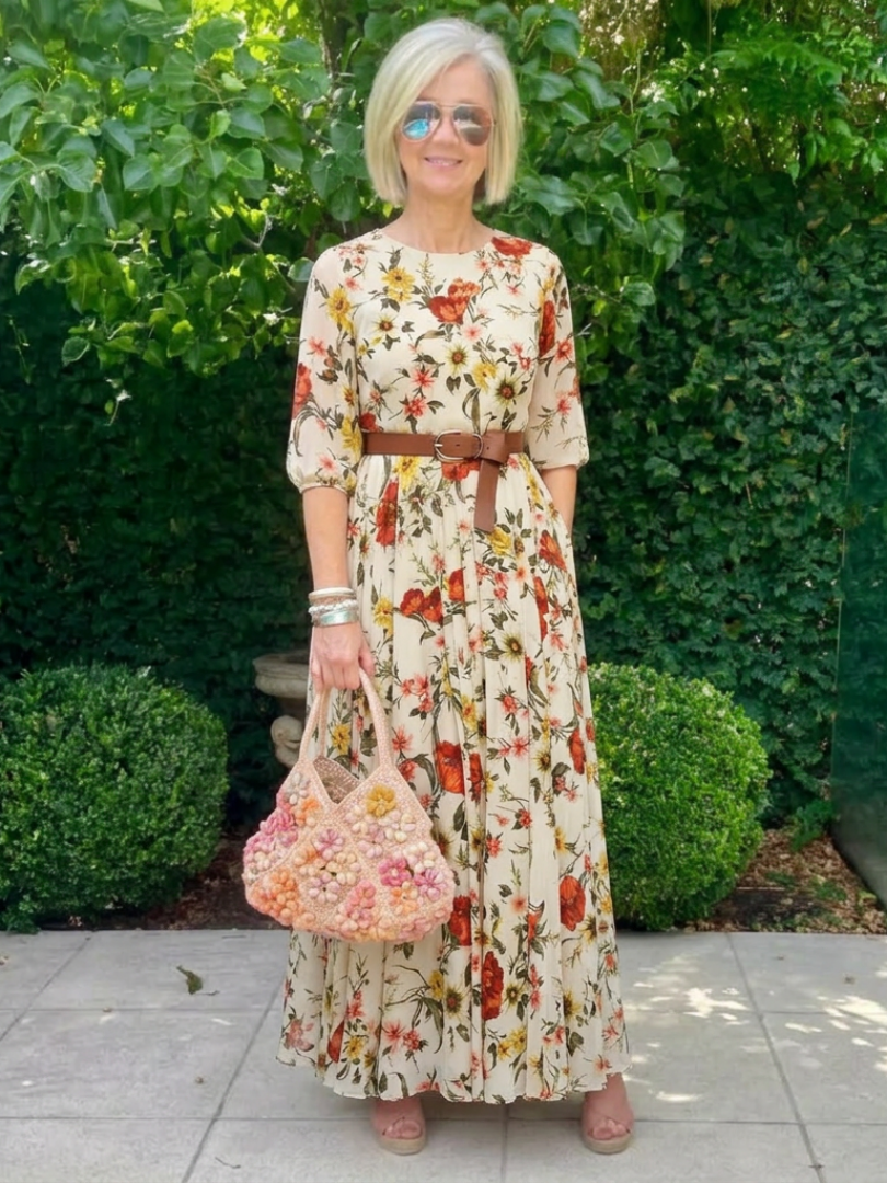 Odelia | Round Neck Three-Quarter Sleeve Belted Maxi Dress