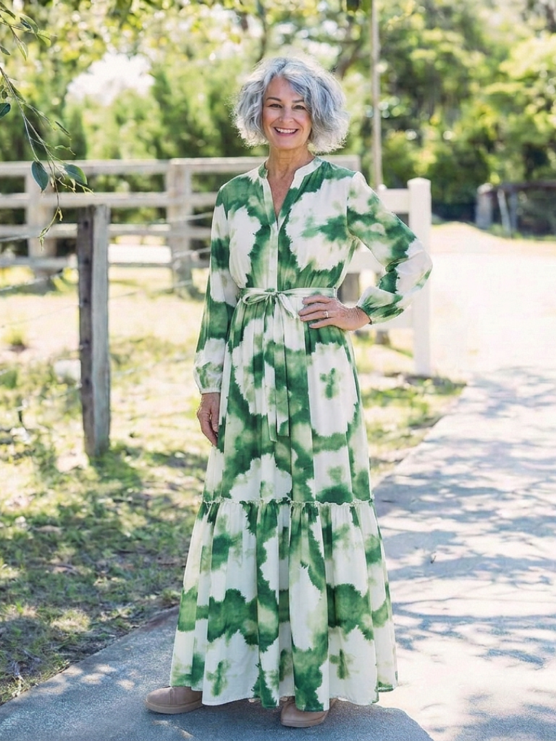 Sabine | Long Sleeve Tie-Waist Ruffled Maxi Dress