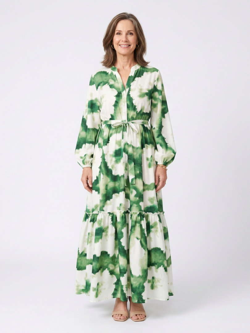 Sabine | Long Sleeve Tie-Waist Ruffled Maxi Dress