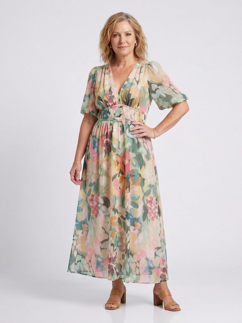 Eulalie | V-Neck Short Sleeve Ruched Waist Mini Dress