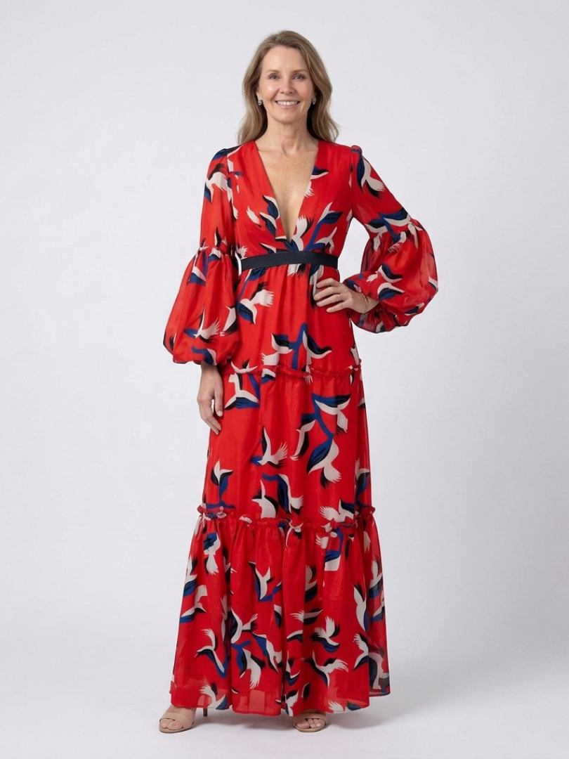 Isolde | V-Neck Tie-Waist Long Sleeve Maxi Dress