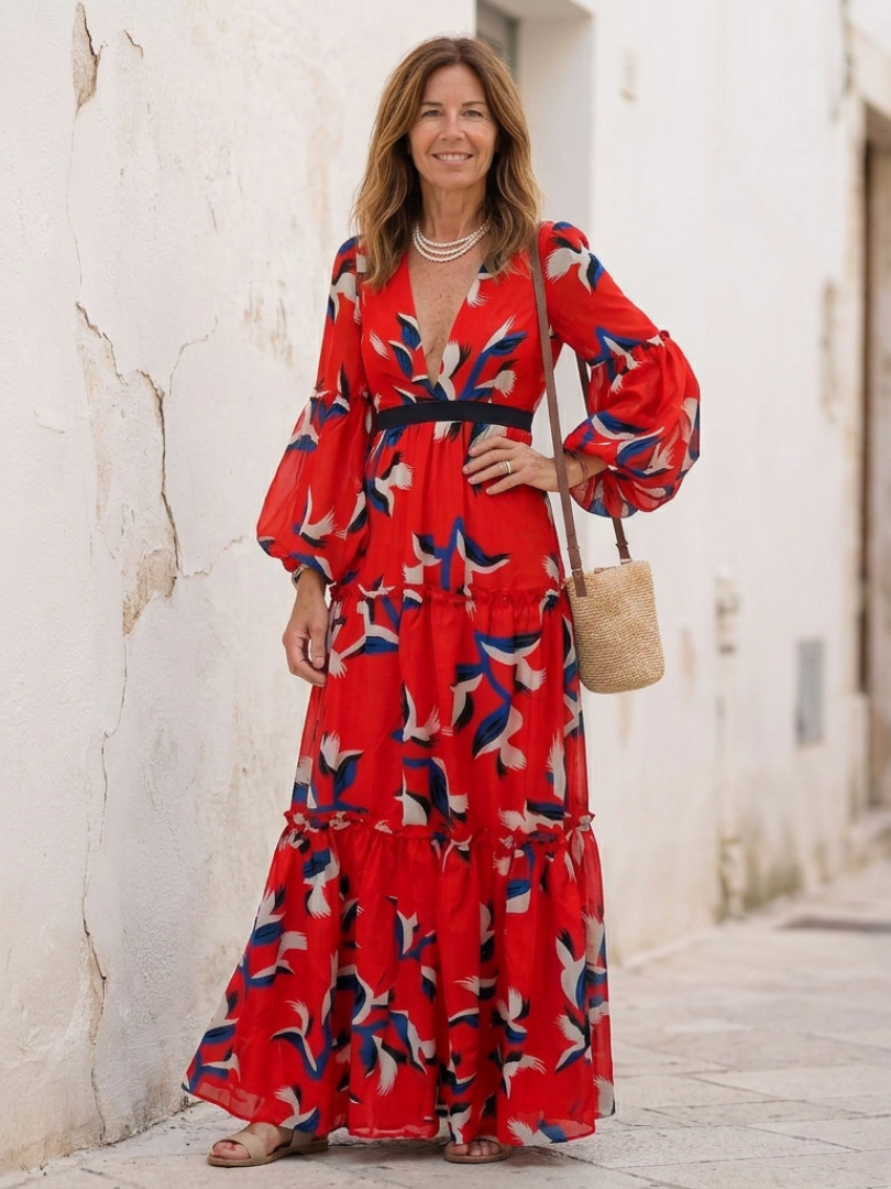 Isolde | V-Neck Tie-Waist Long Sleeve Maxi Dress