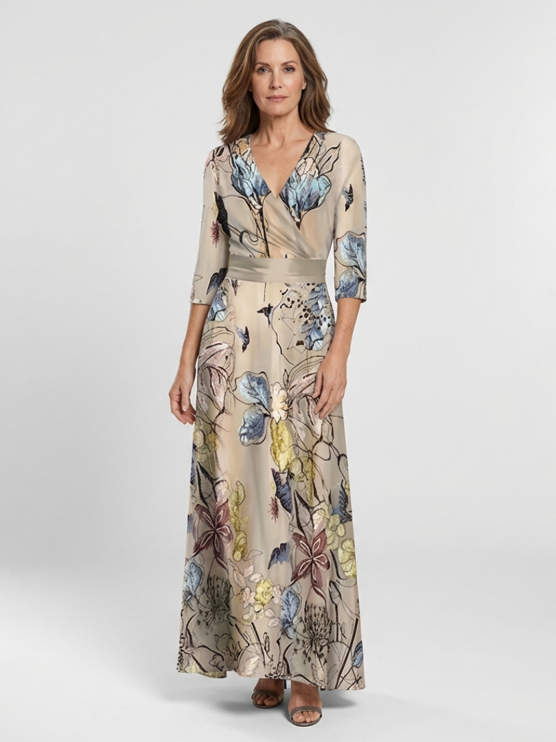 Margaret | Three-Quarter Sleeve Floral Wrap Maxi Dress