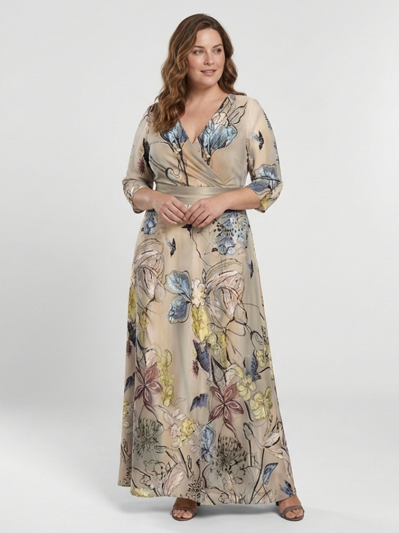 Margaret | Three-Quarter Sleeve Floral Wrap Maxi Dress