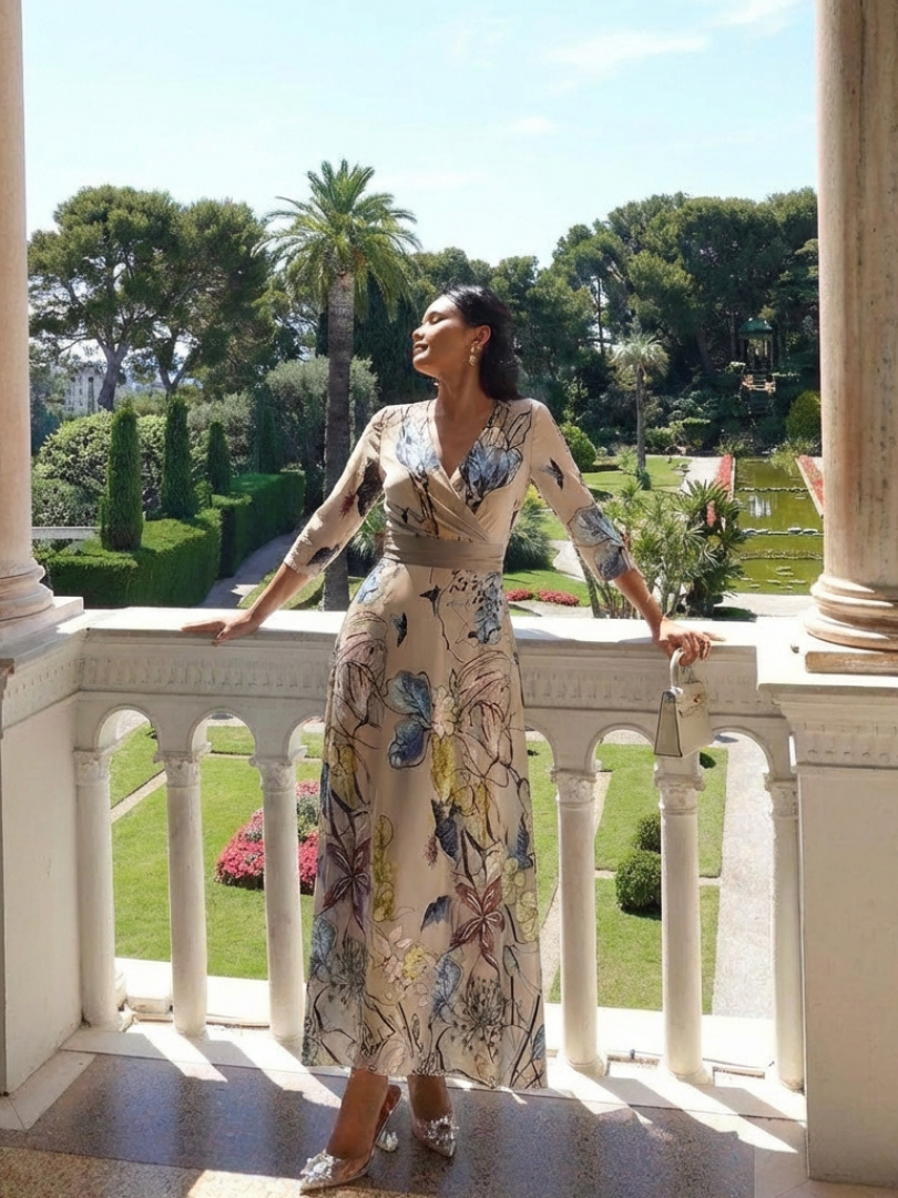 Margaret | Three-Quarter Sleeve Floral Wrap Maxi Dress
