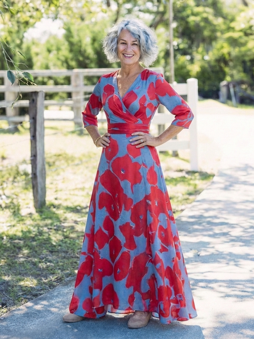 Danielle | Three-Quarter Sleeve V-Neck Floral Maxi Dress