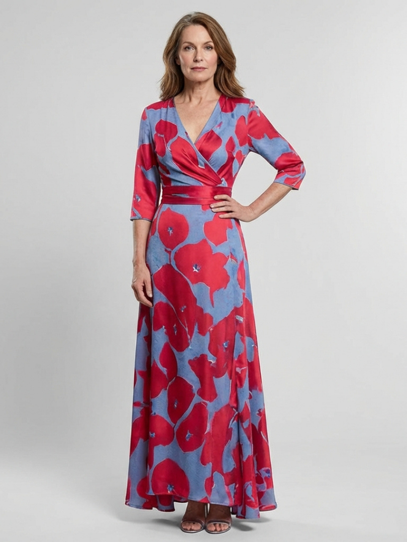 Danielle | Three-Quarter Sleeve V-Neck Floral Maxi Dress